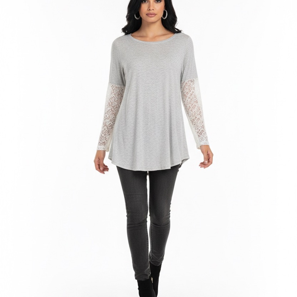 Heather By Bordeaux Women's Cottagecore Festival Gray 1/2 Lace Sleeve Tunic Top